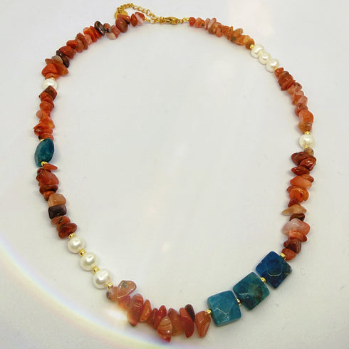 Orange & Blue Gemstone Pearl Necklace